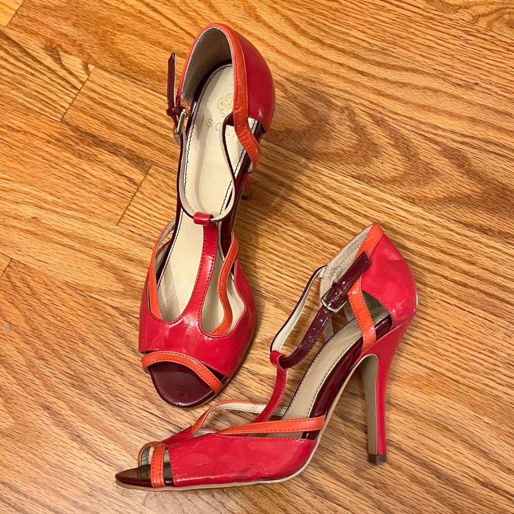 Isola “Badre” Retro Look Strappy Heeeled Sandals in Coral, Pink, & Magenta